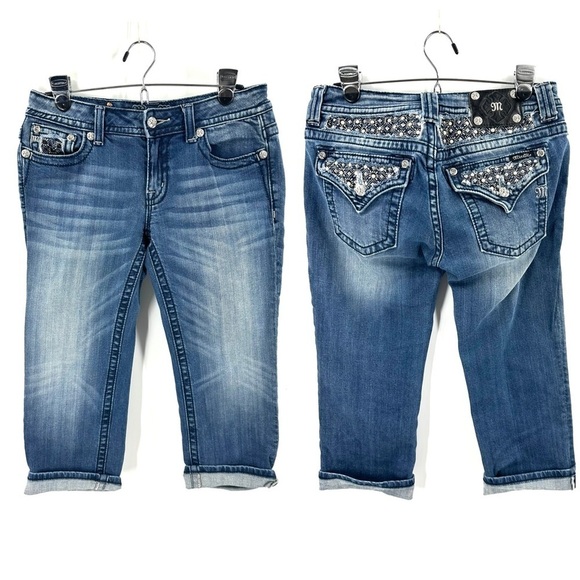 Miss Me Womens Cuffed Capri Jeans Size 29 Flap Pocket Bling Rhinestone Cropped - Picture 1 of 14